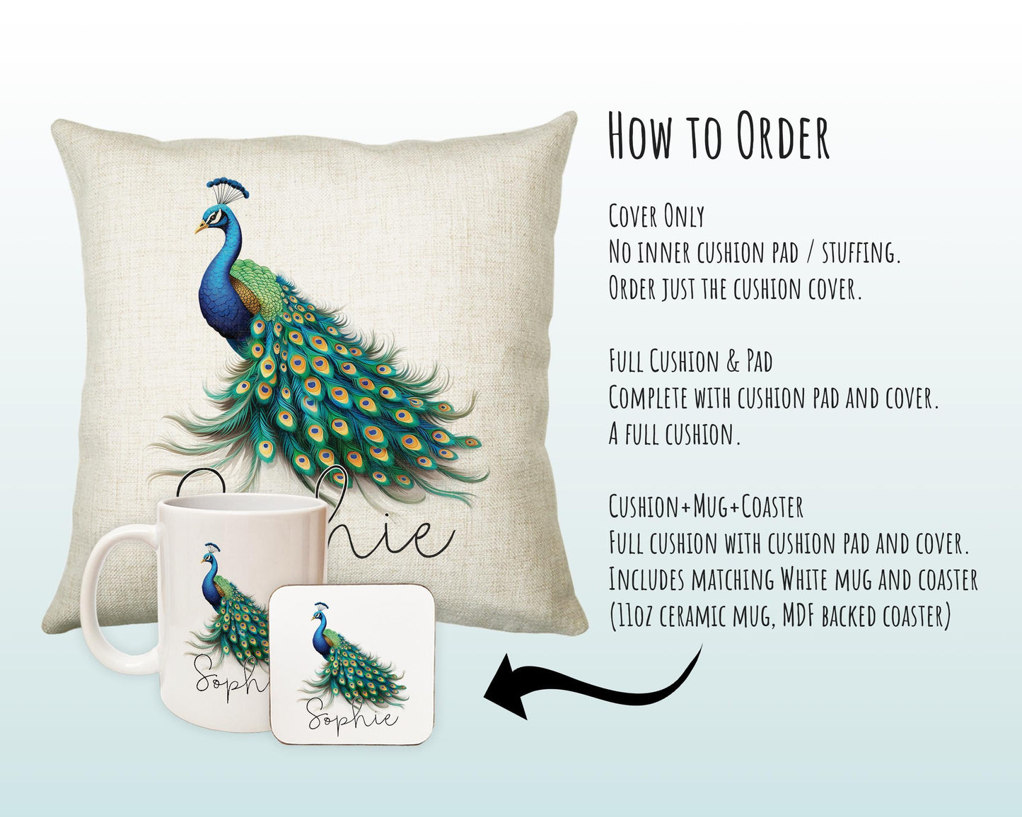 Personalised Peacock Gift Cushion Printed Name Design - Cushion Throw Pillow for Him Her - Animal Bird Lover Gift Idea SMC025