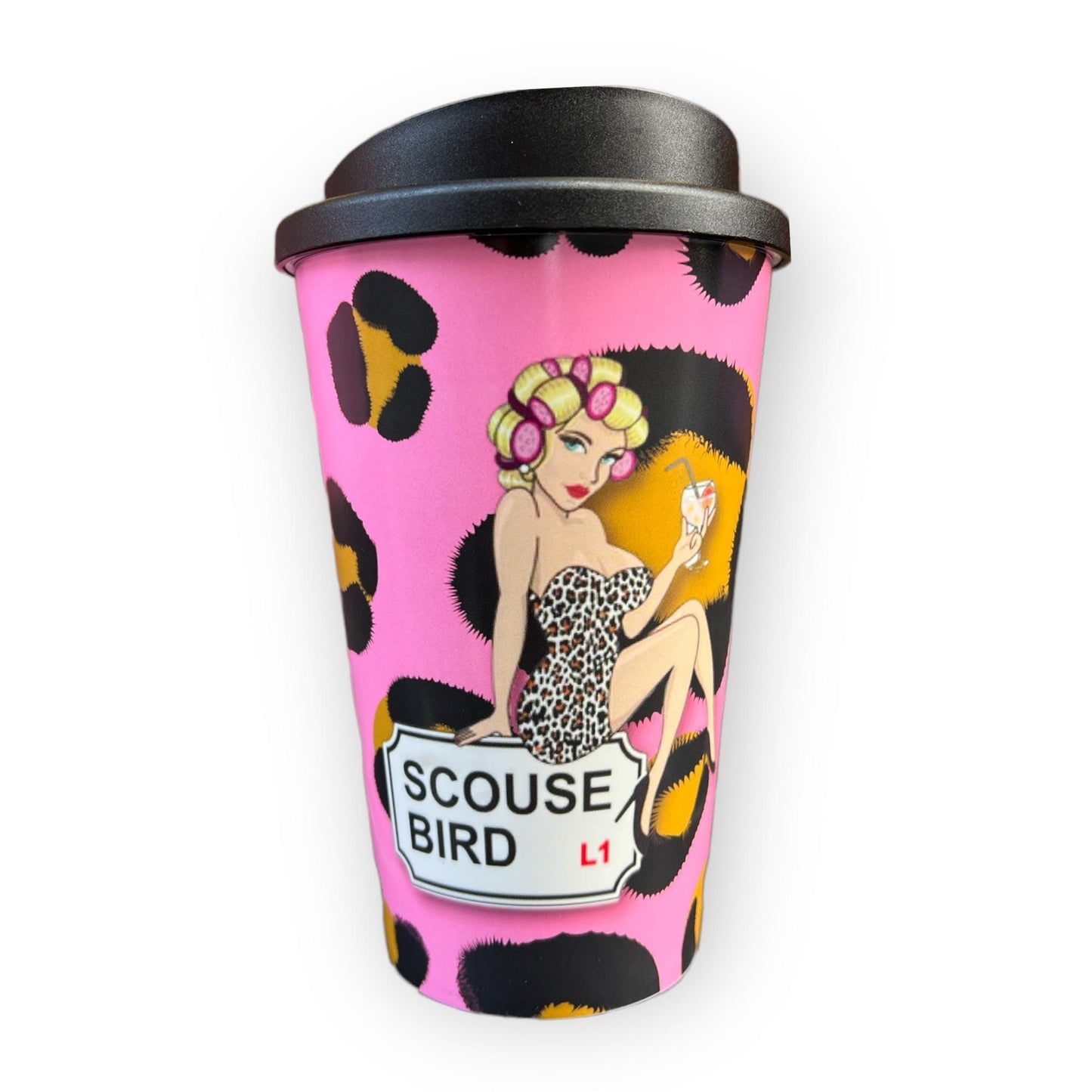 Scouse Bird Pink Leopard Print Travel Mug - Personalisable