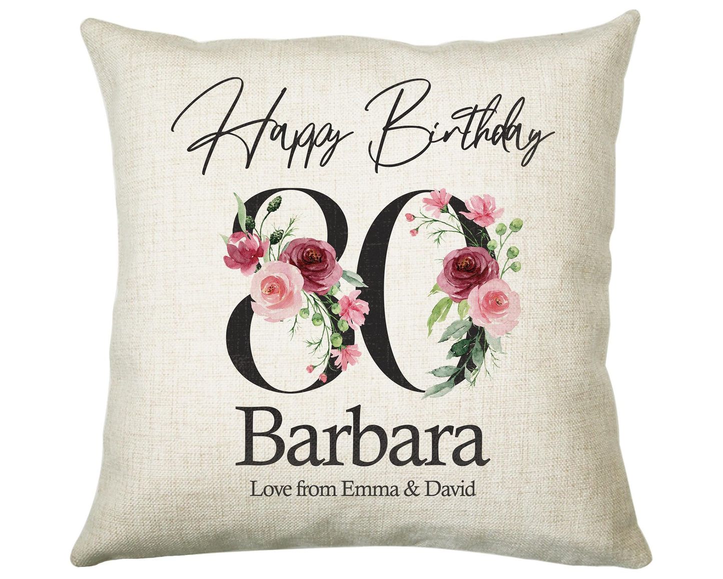 80th Birthday Gift for Women - Personalised Happy Birthday Cushion Age 80 Gift for Her - Ladies Floral Age Design Mum Nan Gran Eighty BNA80C