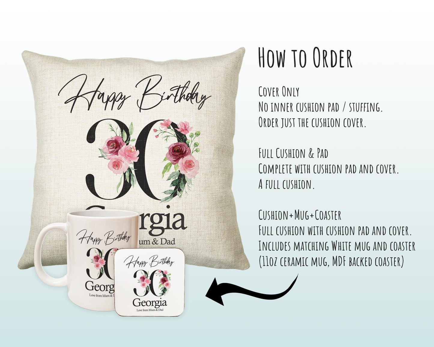 30th Birthday Gift for Her Personalised Happy Birthday Cushion Age 30 Gift for Women Ladies Floral Design Mum Daughter Sister Thirty BNA40C
