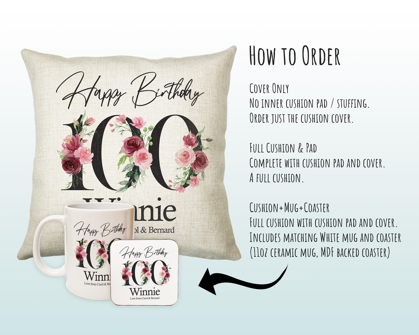 100th Birthday Gift for Women - Personalised Happy Birthday Cushion Age 100 Gift for Her - Ladies Floral Design Nan Gran One Hundred BNA100C
