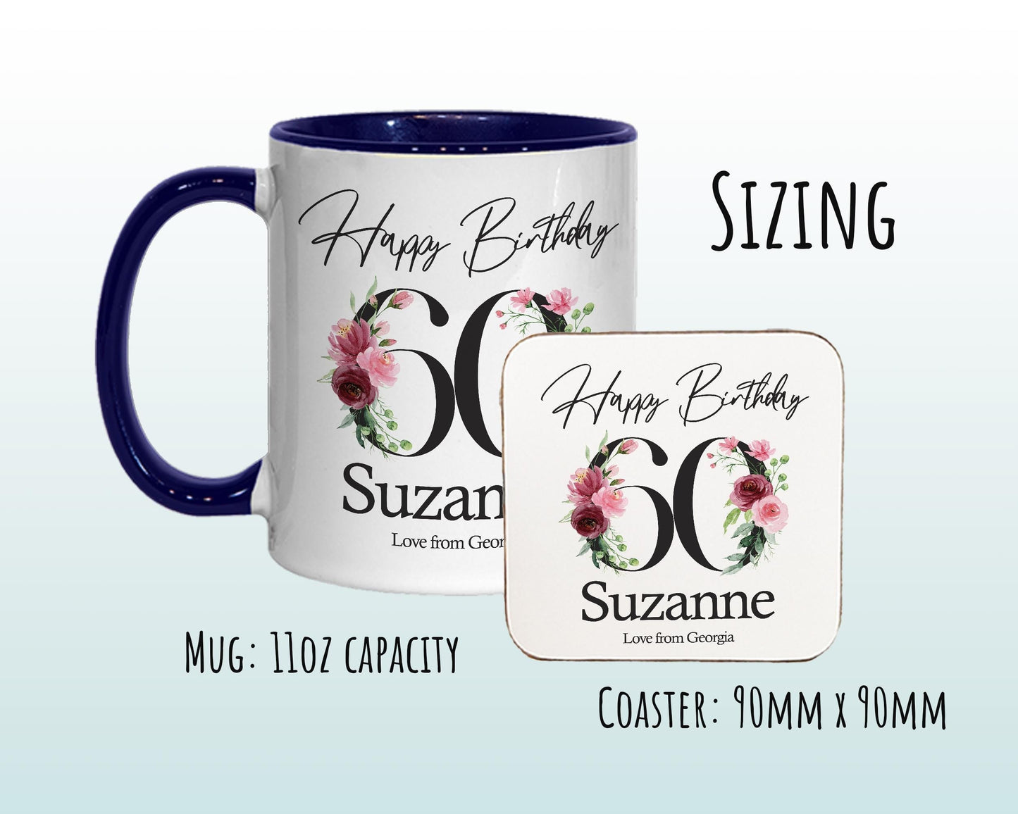 60th Birthday Gift for Women - Personalised Coffee Mug & Coaster - Age 60 Gift for Her - Ladies Floral Age Design Mum Nan Gran Sixty BNA60M