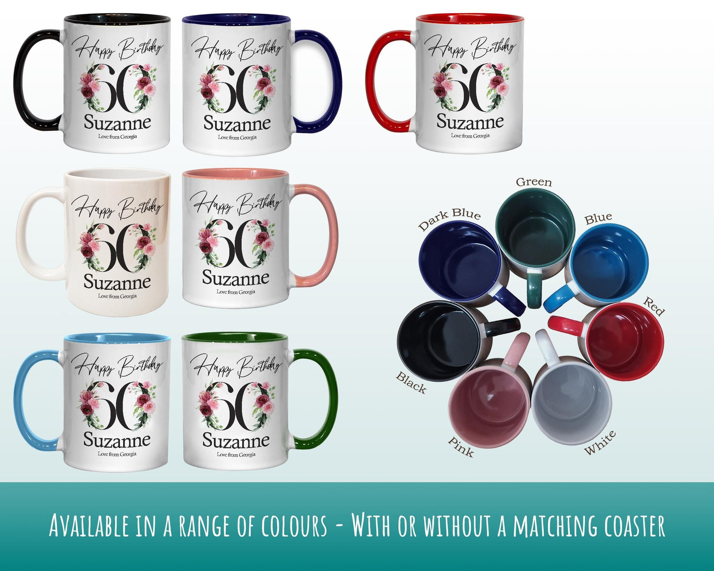 60th Birthday Gift for Women - Personalised Coffee Mug & Coaster - Age 60 Gift for Her - Ladies Floral Age Design Mum Nan Gran Sixty BNA60M