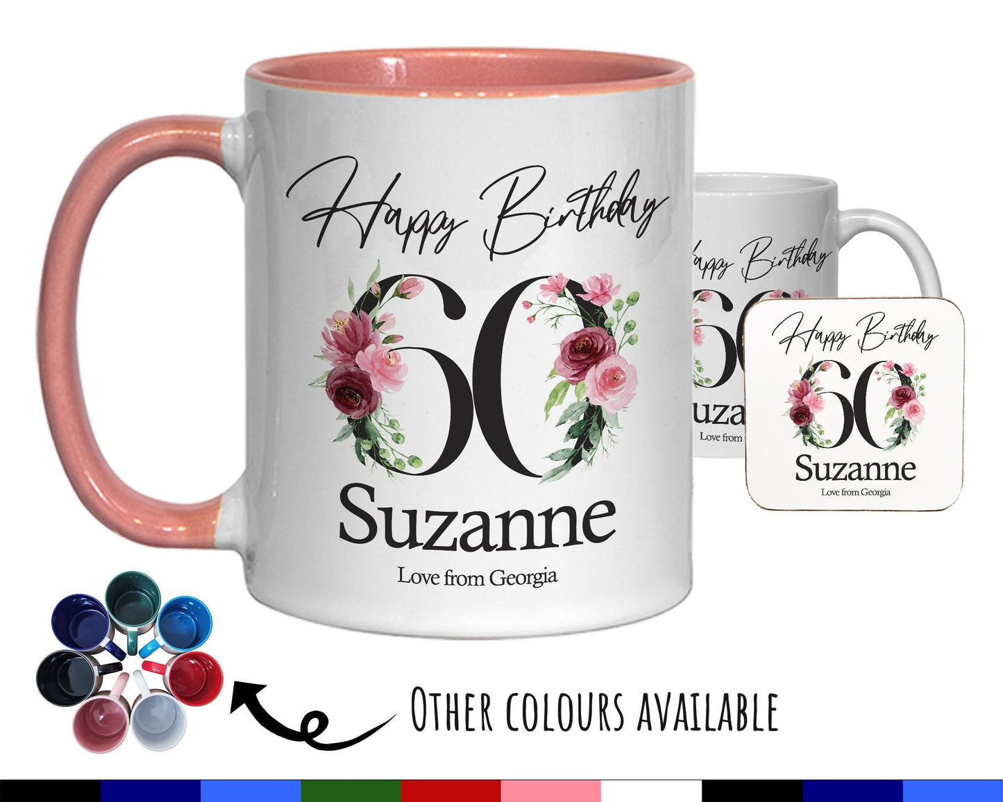 60th Birthday Gift for Women - Personalised Coffee Mug & Coaster - Age 60 Gift for Her - Ladies Floral Age Design Mum Nan Gran Sixty BNA60M
