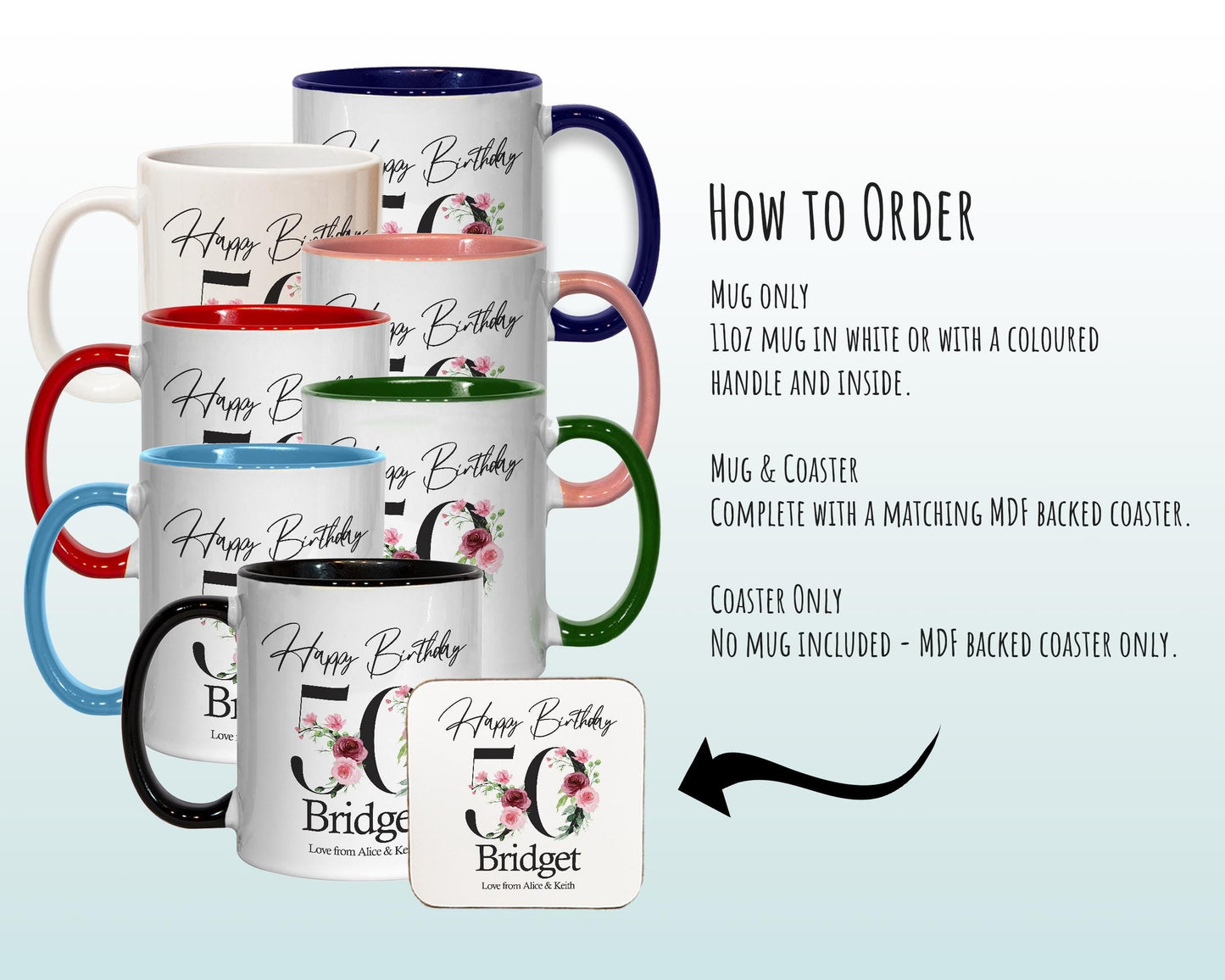 50th Birthday Gift for Women - Personalised Coffee Mug & Coaster - Age 50 Gift for Her - Ladies Floral Age Design Mum Daughter Fifty BNA50M