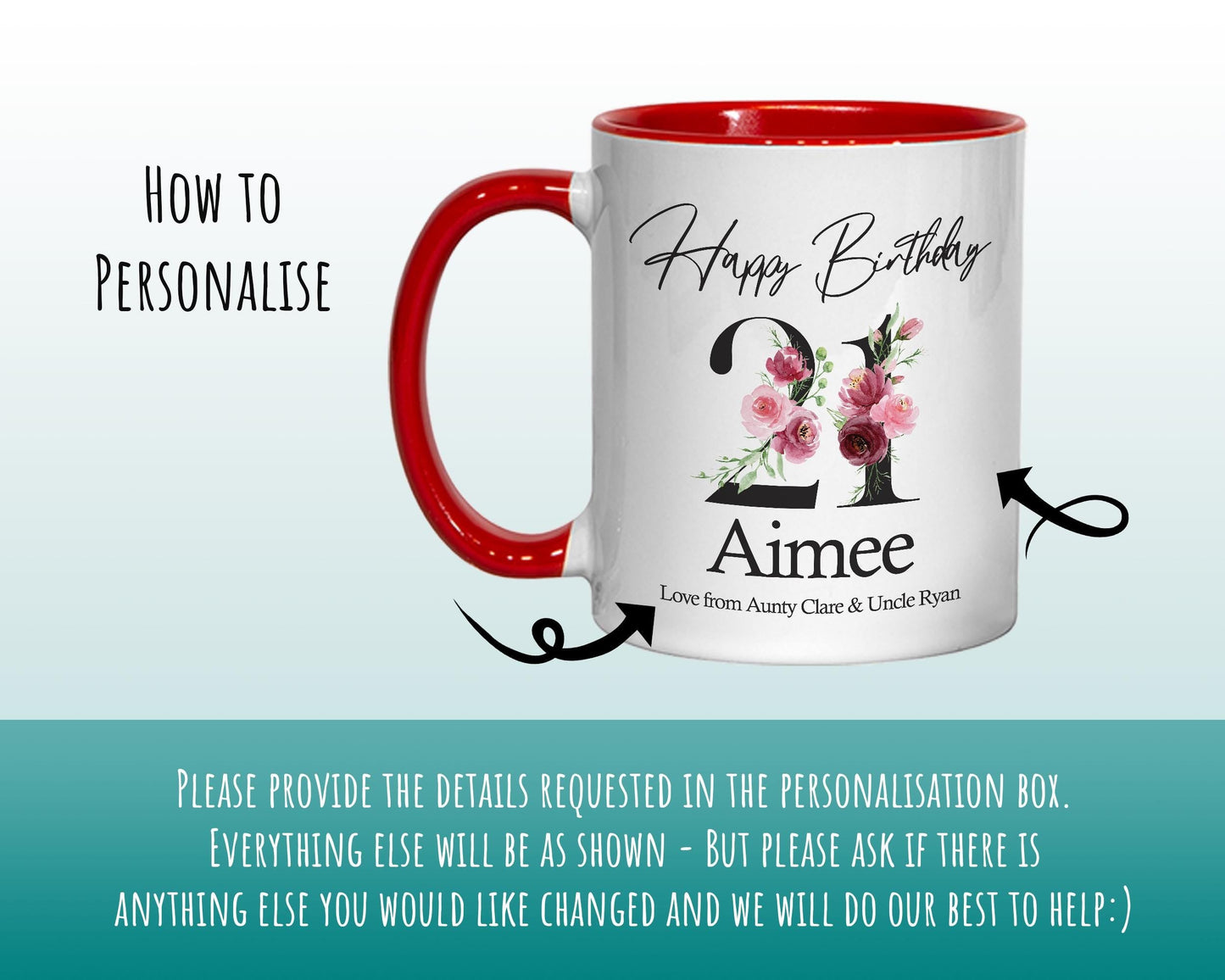 21st Birthday Gift for Women - Personalised Coffee Mug & Coaster - Age 21 Gift for Her - Ladies Floral Age Design Daughter Twenty One BNA21M