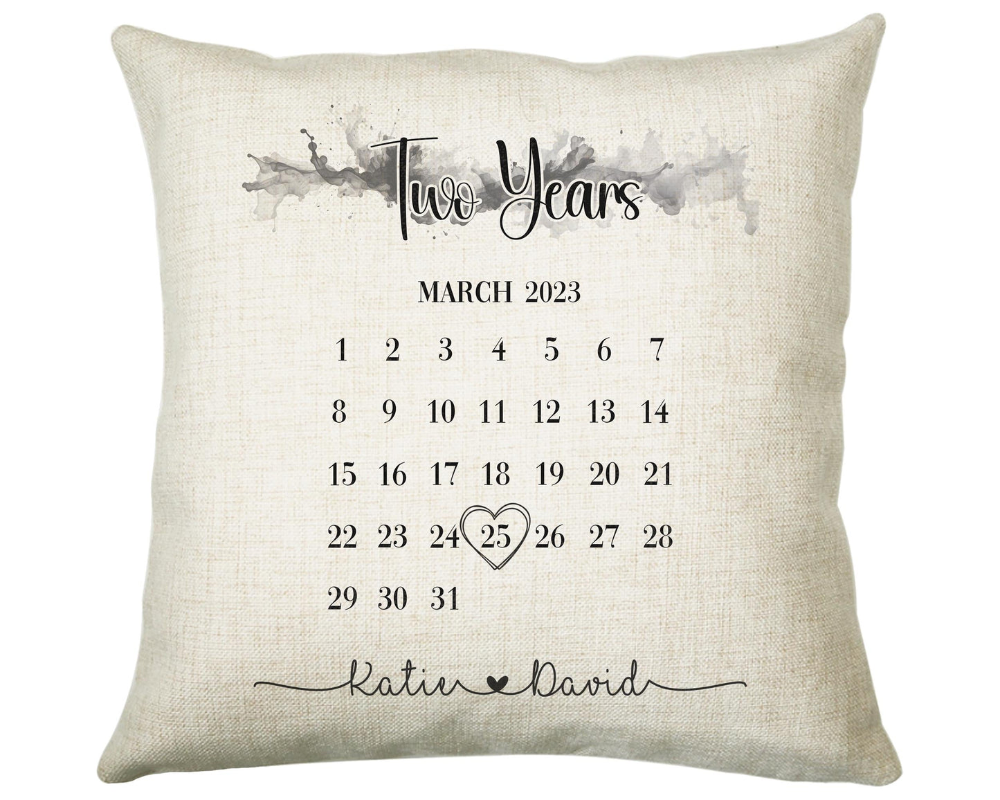 Personalised 2nd Anniversary Cotton Gift Cushion - Two Years Custom Calendar Design - Wedding Present Cushion Pillow Gift Couple CS558