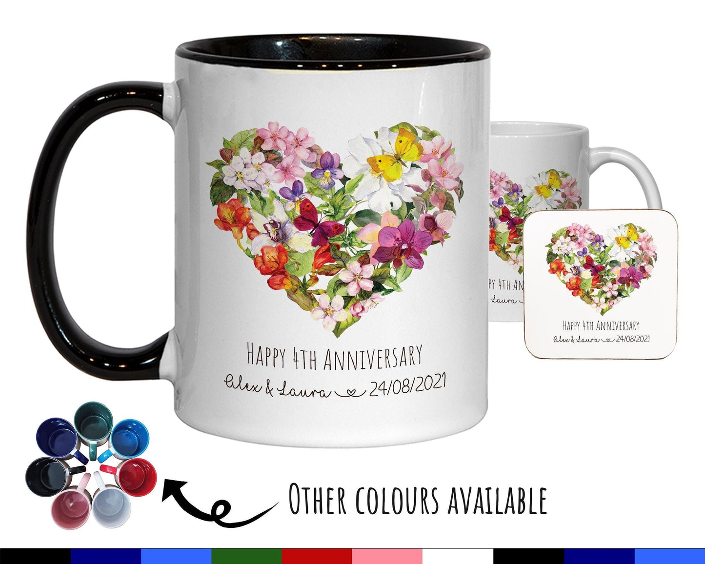 Personalised 4th Anniversary Mug Gift - Great Gift for Couples - Fourth Wedding Anniversary Mug & Coaster Floral Design for Mr Mrs MGZ374