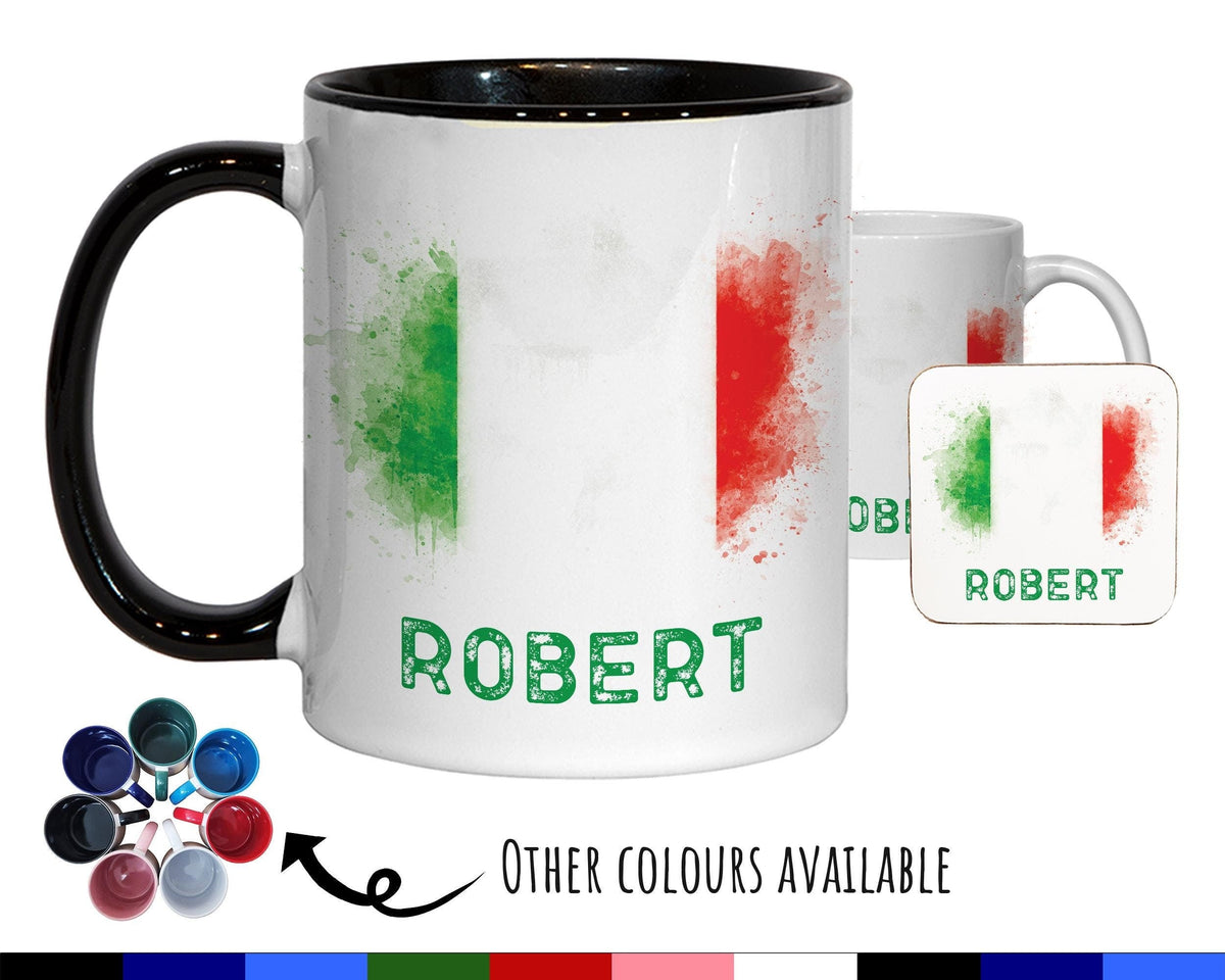 Personalised Italian Flag Mug Gift - Great Gift for Italy Citizenship Visitor Mediterranean - Watercolour Flag Design Mug & Coaster MGZ366