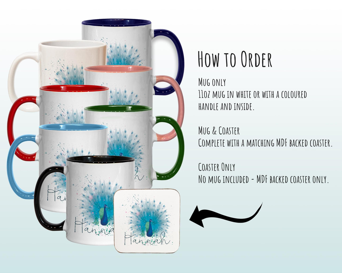 Personalised Peacock Mug Gift - Great Gifts for Animal Bird Lovers - Watercolour Peacock Feathers Plumage Design Mug & Coaster MGZ382