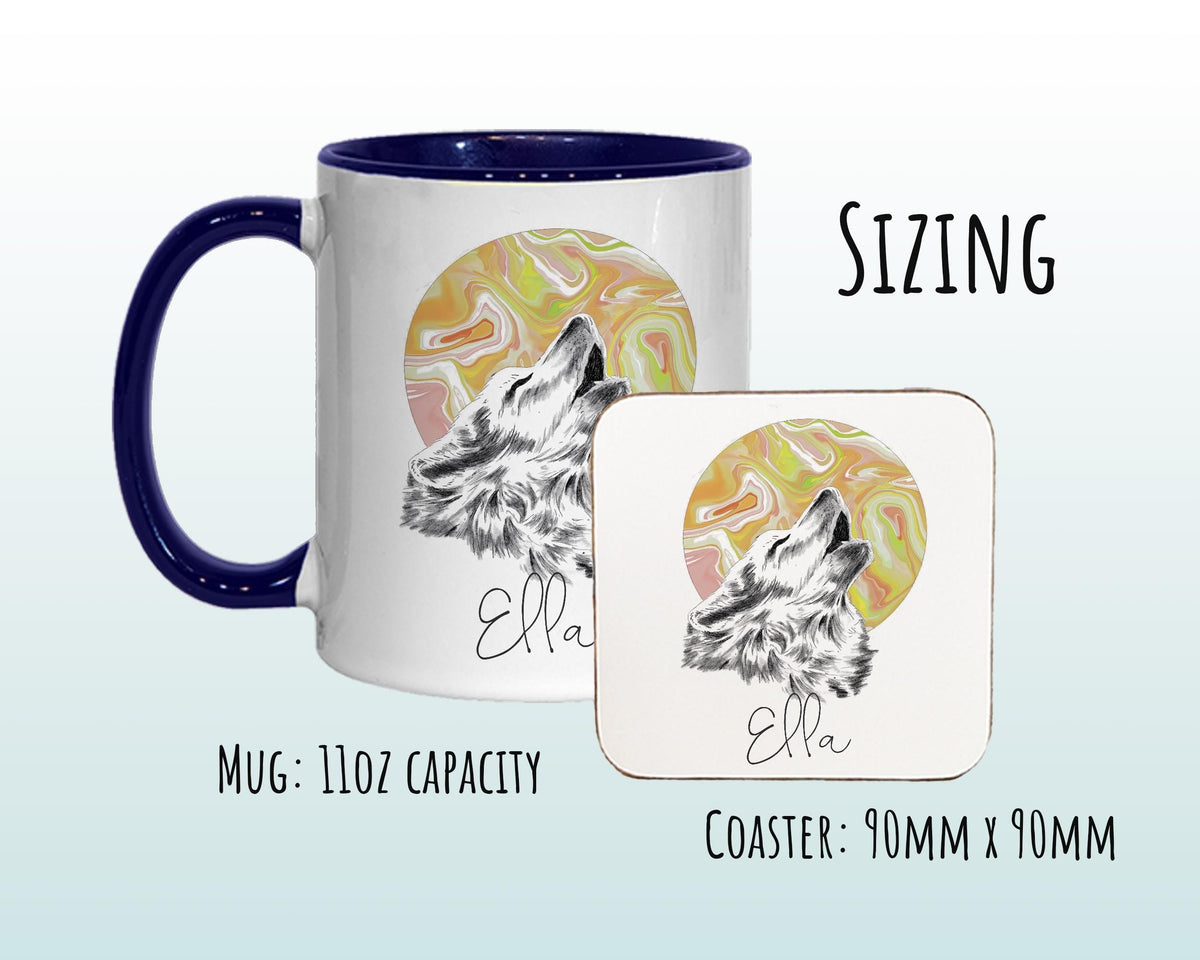 Personalised Howling Wolf Mug Gift - Great Gifts for Animal and Wolf Lovers - Watercolour Wolf and Full Moon Design Mug & Coaster MGZ405