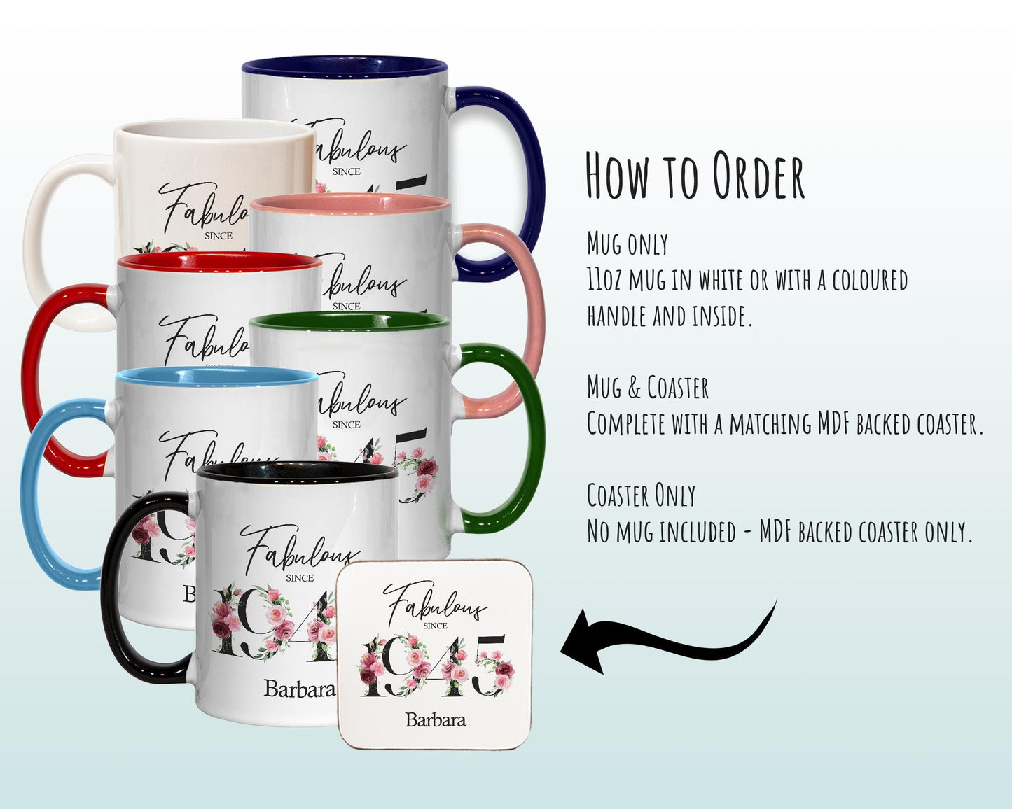 80th Birthday Gift for Women - Fabulous Since 1946 Personalised Coffee Mug Coaster 80 Gift for Her - Ladies Floral Design Nan Gran BNC80M