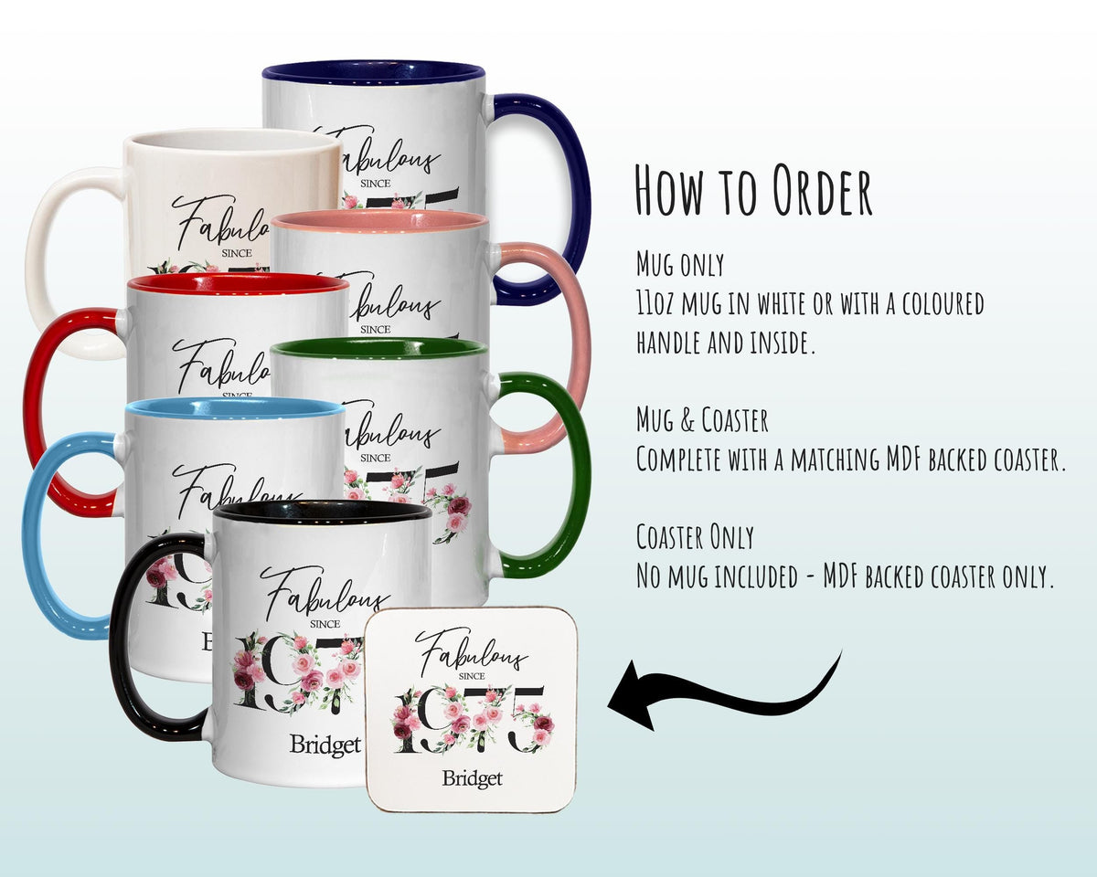 50th Birthday Gift for Women - Fabulous Since 1976 Personalised Coffee Mug Coaster Age 50 Gift for Her - Ladies Floral Design Mum BNC50M