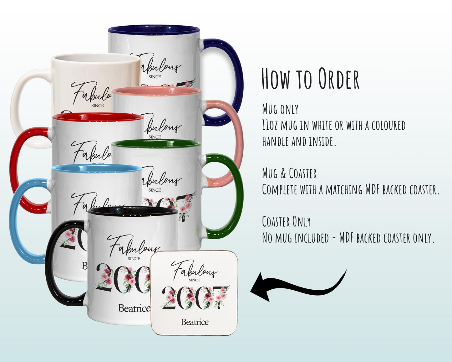 18th Birthday Gift for Her - Fabulous Since 2008 Personalised Coffee Mug Coaster Age 60 Gift for Women Ladies Floral Design Daughter BNC18M