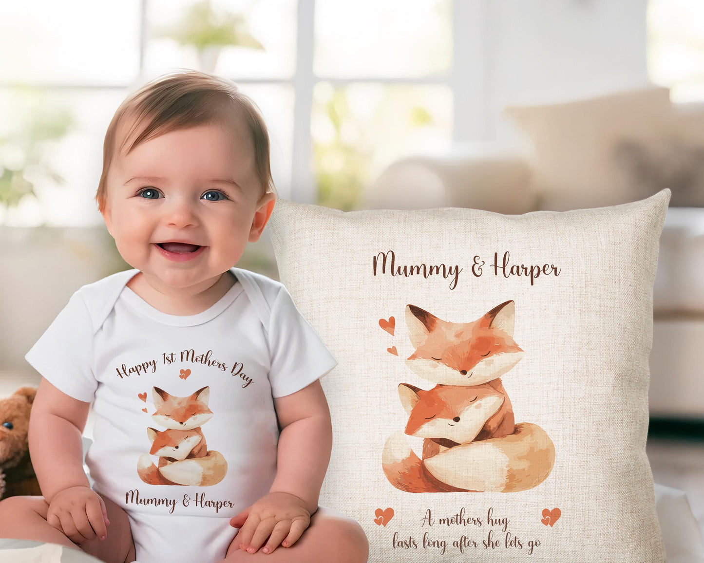 First Mothers Day Gift Present - Personalised Babygrow Tee Vest New Mum Fox Mummy and Baby Design - Matching Cushion Woodland Animals SMC004