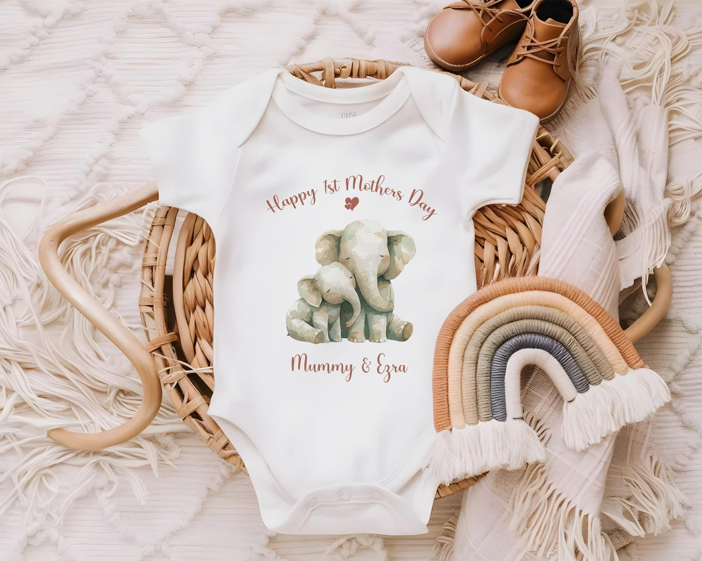 First Mothers Day Gift Personalised Present - Elephant Design Babygrow Tee Vest Gift for New Mum Gift from Baby - Matching Cushion SMC008