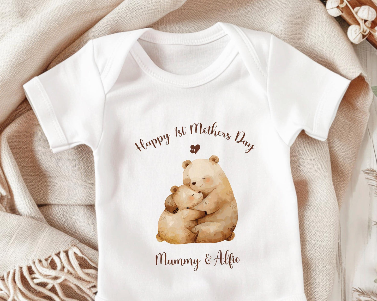 First Mothers Day Gift Personalised Present - Cuddle Bears Design Babygrow Tee Gift for Mum - Watercolour Animals Matching Cushion SMC005