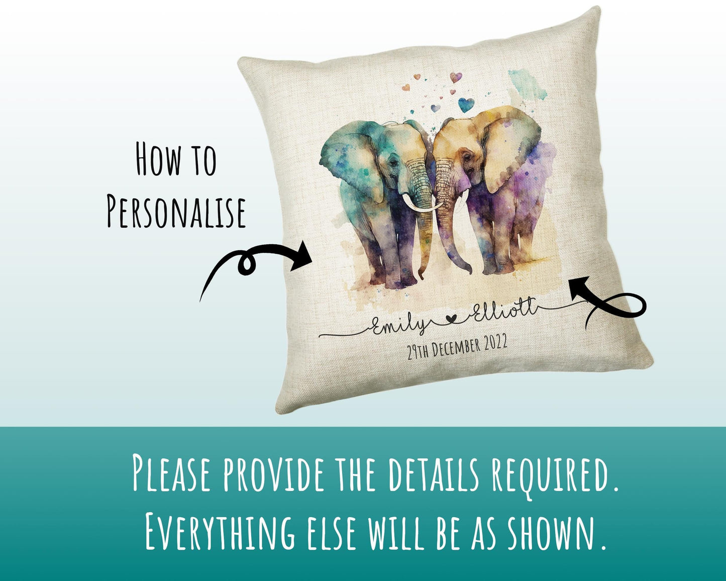 Personalised 2nd Anniversary Elephant Cotton Gift Cushion Two Years Custom Design Gift Valentines Present - Wedding Cushion Pillow SV030