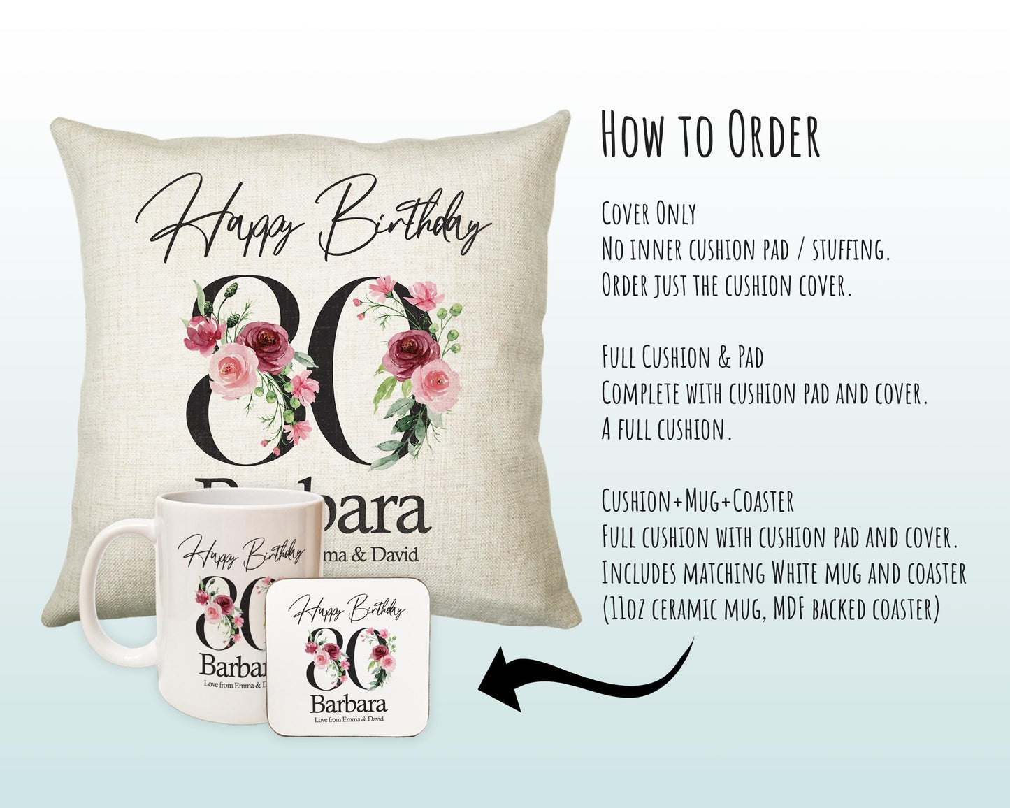 80th Birthday Gift for Women - Personalised Happy Birthday Cushion Age 80 Gift for Her - Ladies Floral Age Design Mum Nan Gran Eighty BNA80C