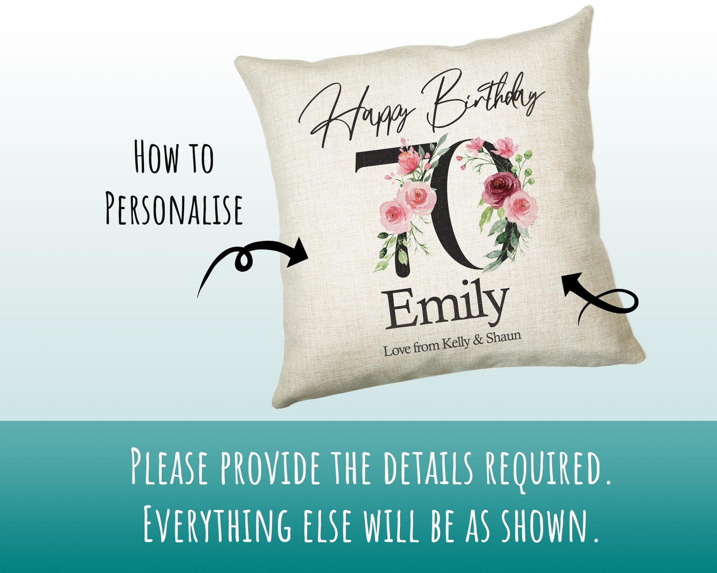 70th Birthday Gift for Women - Personalised Happy Birthday Cushion Age 70 Gift for Her - Ladies Floral Design Mum Nan Gran Seventy BNA70C