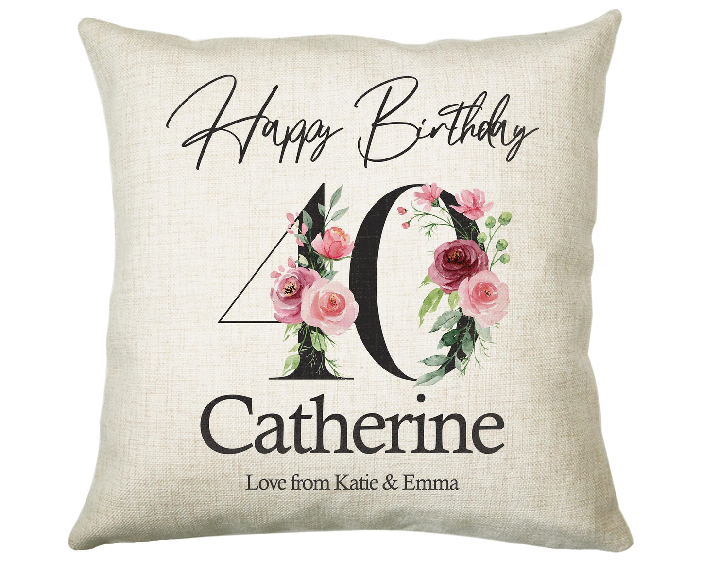 40th Birthday Gift for Women - Personalised Happy Birthday Cushion Age 40 Gift for Her Ladies Floral Design Mum Daughter Sister Forty BNA40C