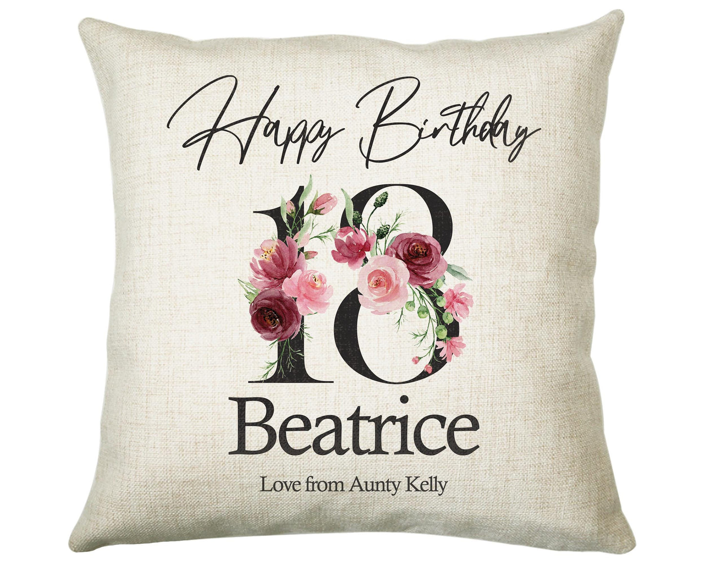 18th Birthday Gift for Women - Personalised Happy Birthday Cushion Age 18 Gift for Her Ladies Floral Design Daughter Sister Eighteen BNA18C