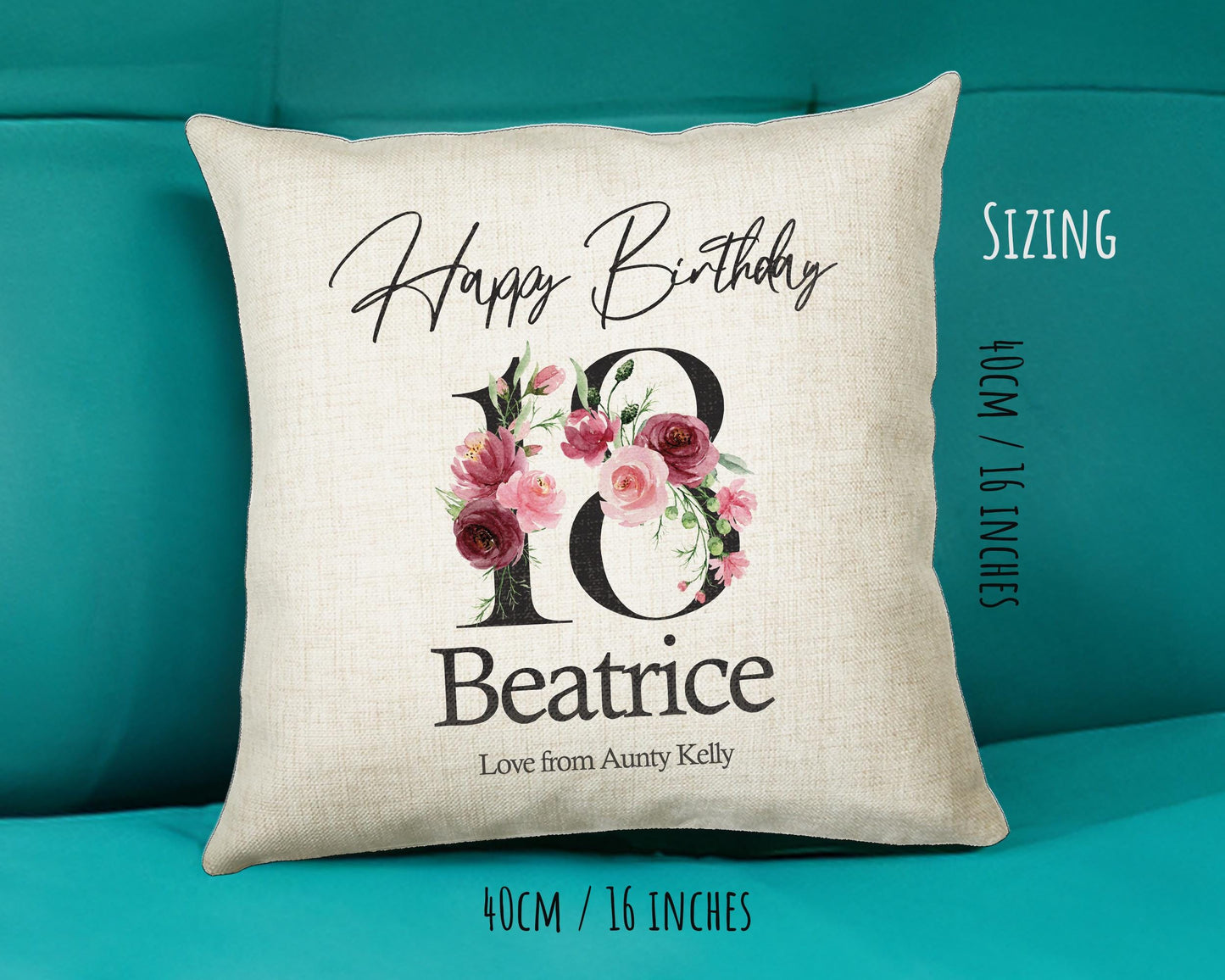 18th Birthday Gift for Women - Personalised Happy Birthday Cushion Age 18 Gift for Her Ladies Floral Design Daughter Sister Eighteen BNA18C