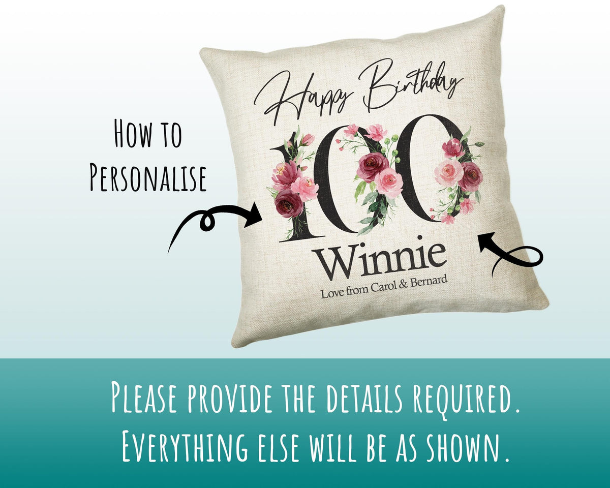 100th Birthday Gift for Women - Personalised Happy Birthday Cushion Age 100 Gift for Her - Ladies Floral Design Nan Gran One Hundred BNA100C