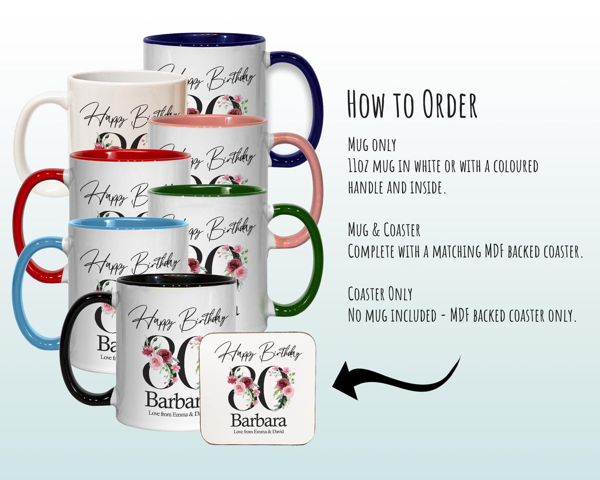 80th Birthday Gift for Women - Personalised Coffee Mug & Coaster - Age 80 Gift for Her - Ladies Floral Age Design Mum Nan Gran Eighty BNA80M