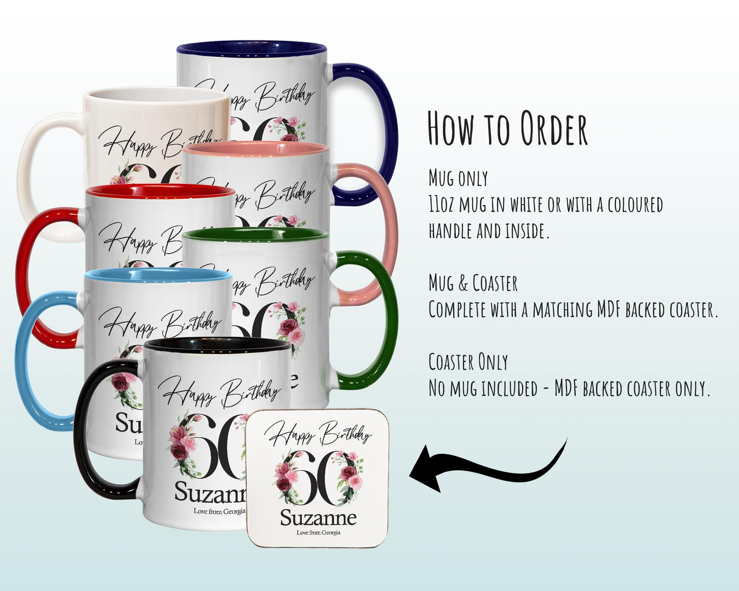 60th Birthday Gift for Women - Personalised Coffee Mug & Coaster - Age 60 Gift for Her - Ladies Floral Age Design Mum Nan Gran Sixty BNA60M