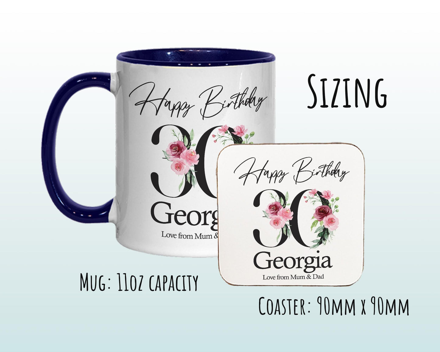 30th Birthday Gift for Her - Personalised Coffee Mug & Coaster - Age 30 Gift for Women - Ladies Floral Age Design Mum Daughter Thirty BNA30M