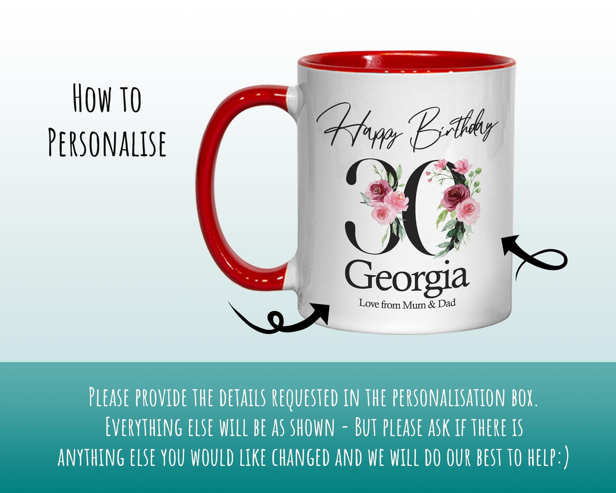 30th Birthday Gift for Her - Personalised Coffee Mug & Coaster - Age 30 Gift for Women - Ladies Floral Age Design Mum Daughter Thirty BNA30M