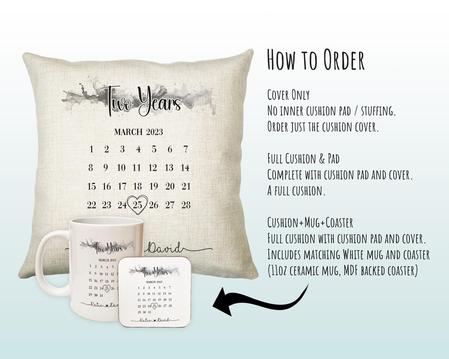 Personalised 2nd Anniversary Cotton Gift Cushion - Two Years Custom Calendar Design - Wedding Present Cushion Pillow Gift Couple CS558