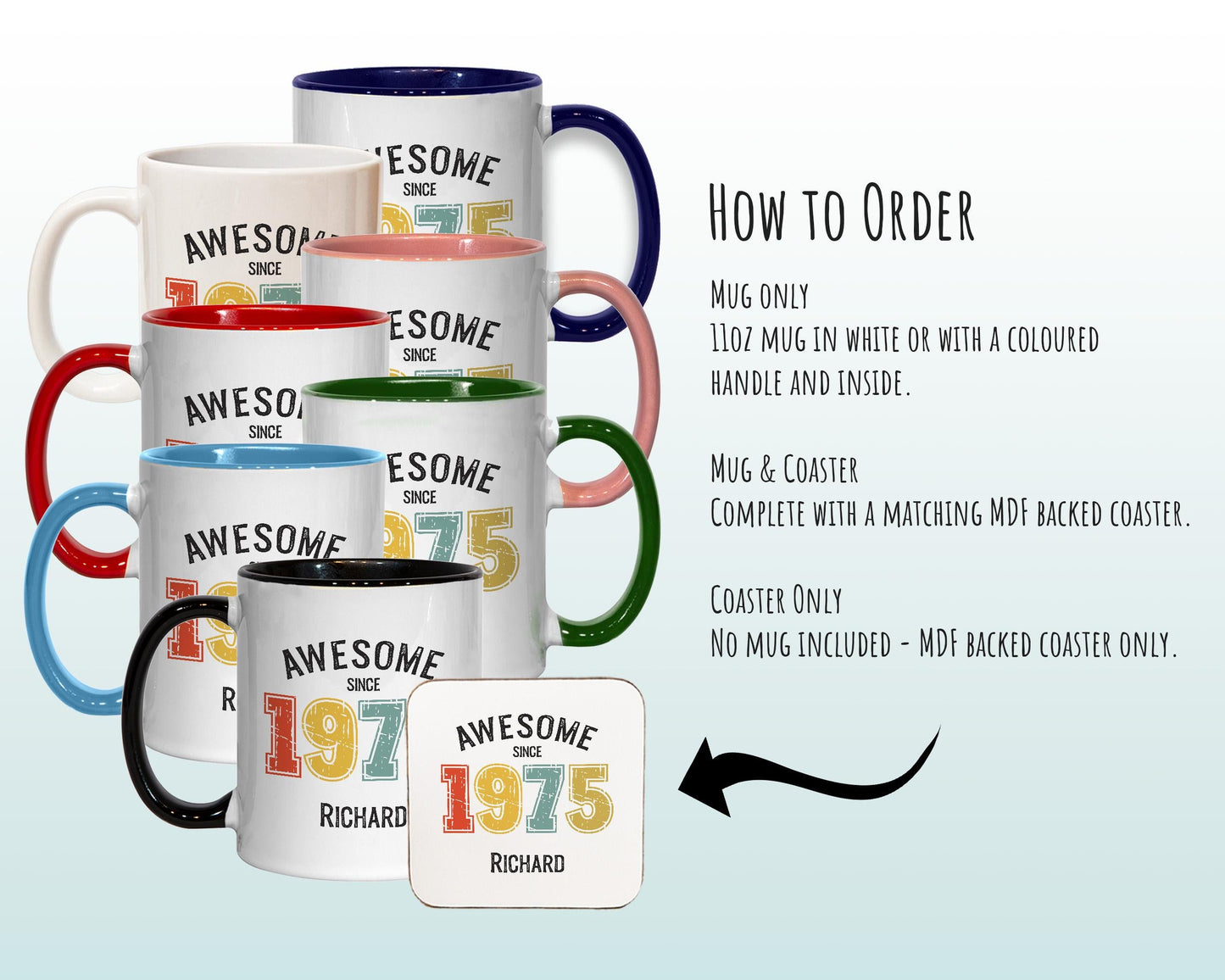 50th Birthday Gift for Men - Awesome Since 1976 Personalised Coffee Mug Coaster Age 50 Gift for Him - Retro Number Design Dad Brother BNG50M
