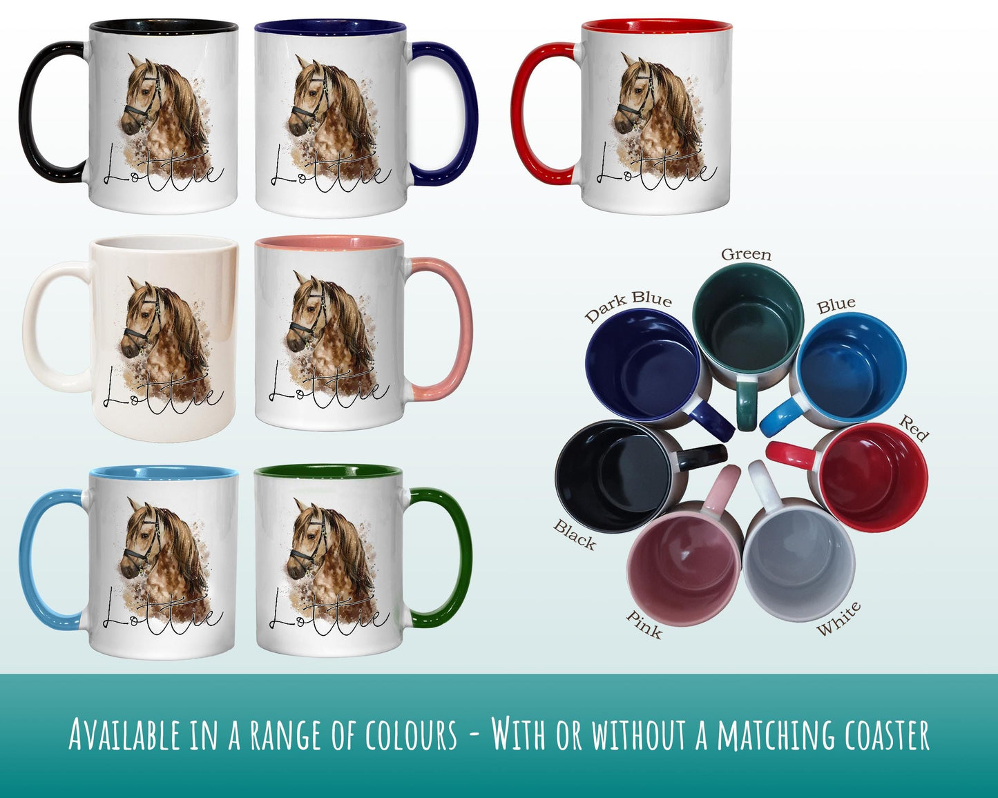 Personalised Horse Mug Gift - Great Gift for Horse Riders - Equestrian Mug & Coaster - Pony Horse Gifts for Her Watercolour Design MGZ049