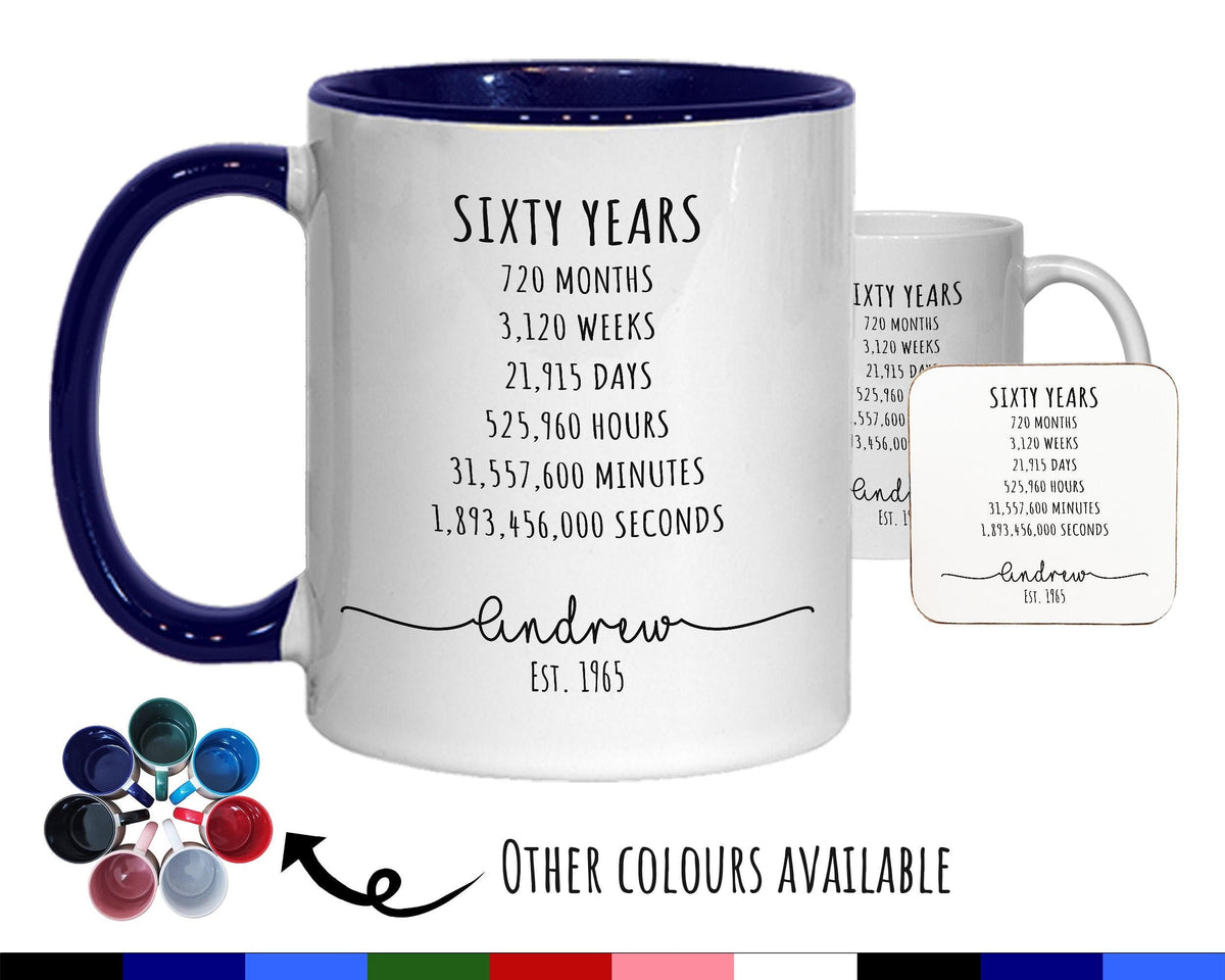 60th Birthday Gift for Men - Personalised Birthday Coffee Mug Coaster Age 60 Gift for Him Mens Lifetime Design Son Dad Grandad Sixty BNE60M