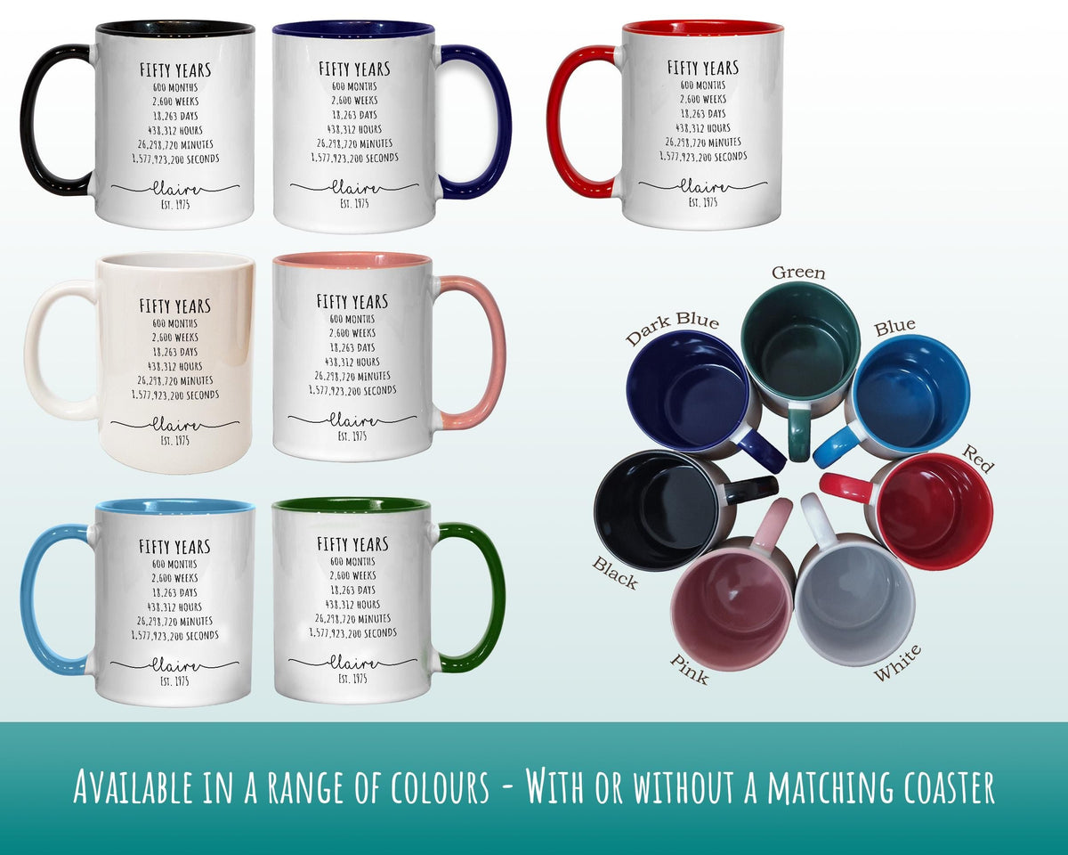 50th Birthday Gift for Her - Personalised Birthday Coffee Mug Coaster Age 50 Gift for Women Lifetime Design Daughter Mum Sister Fifty BNE50M