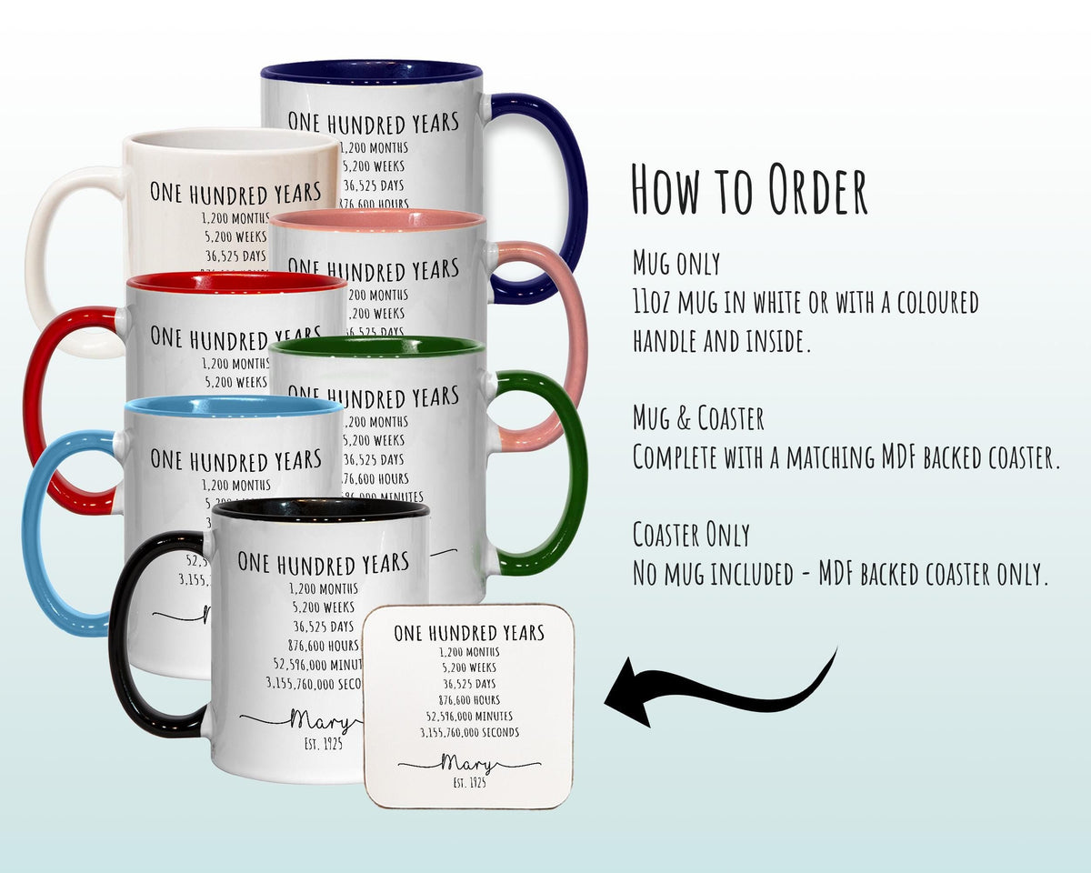 100th Birthday Gift for Her - Personalised Birthday Coffee Mug Coaster Age 100 Gift for Women Lifetime Design Mum Nan Sister Hundred BNE100M