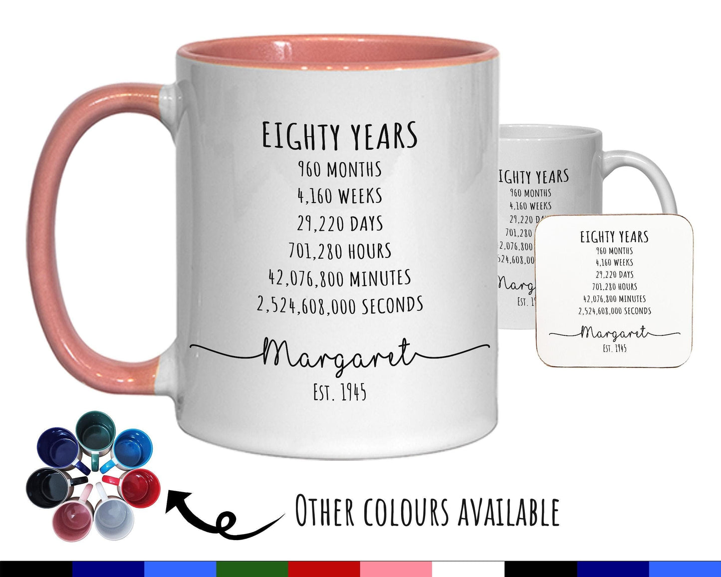 80th Birthday Gift for Her - Personalised Birthday Coffee Mug Coaster Age 80 Gift for Women Lifetime Design Mum Nan Sister Eighty BNE80M