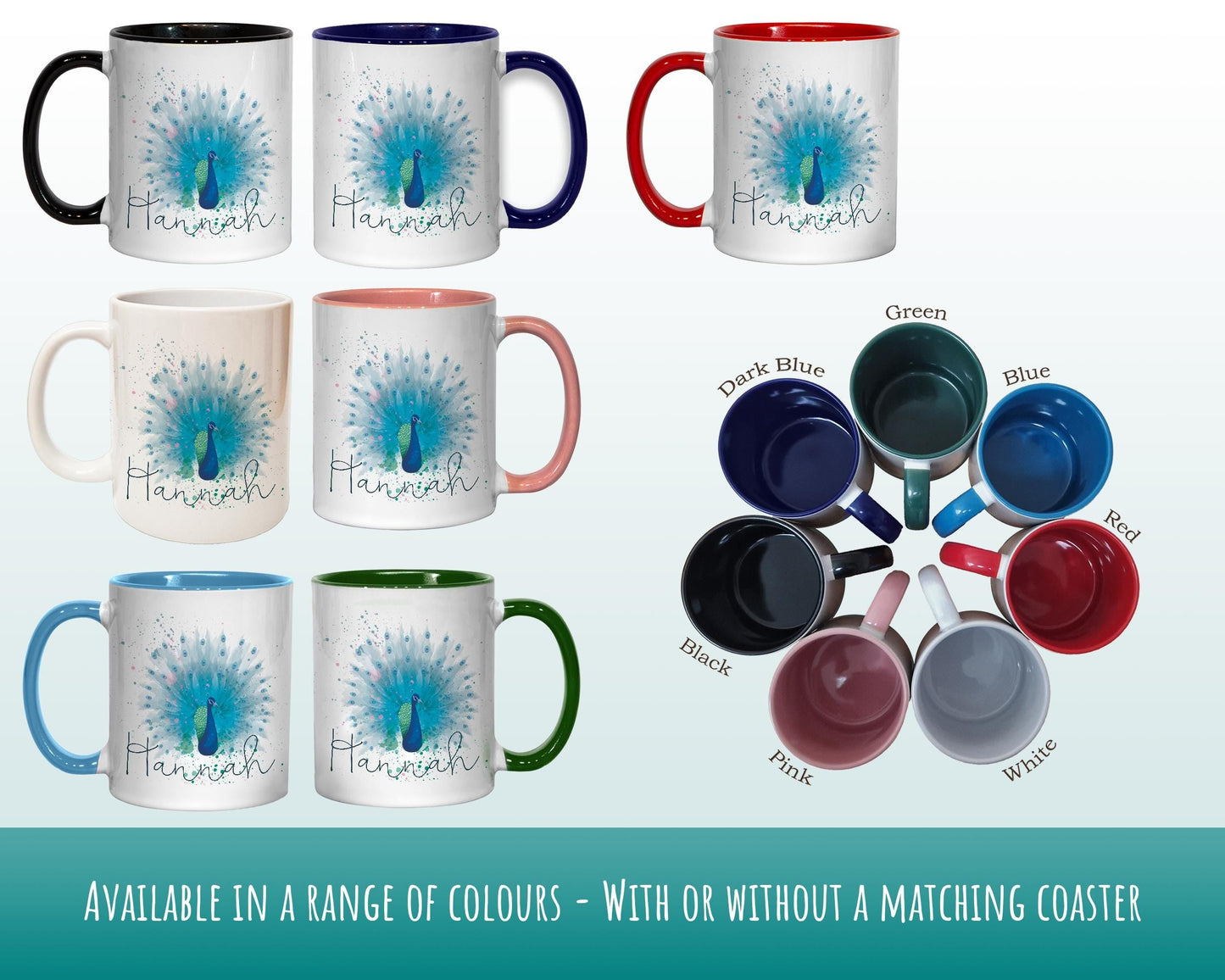 Personalised Peacock Mug Gift - Great Gifts for Animal Bird Lovers - Watercolour Peacock Feathers Plumage Design Mug & Coaster MGZ382