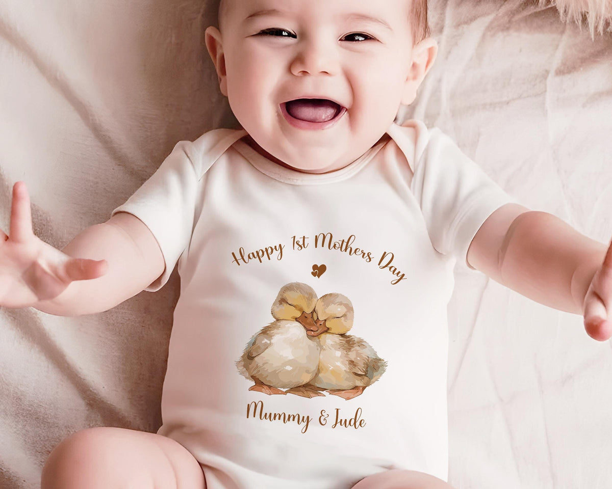 First Mothers Day Gift Personalised Present - Fluffy Duck Design Babygrow Tee Vest Gift for New Mums - Duck Design Matching Cushion SMC011
