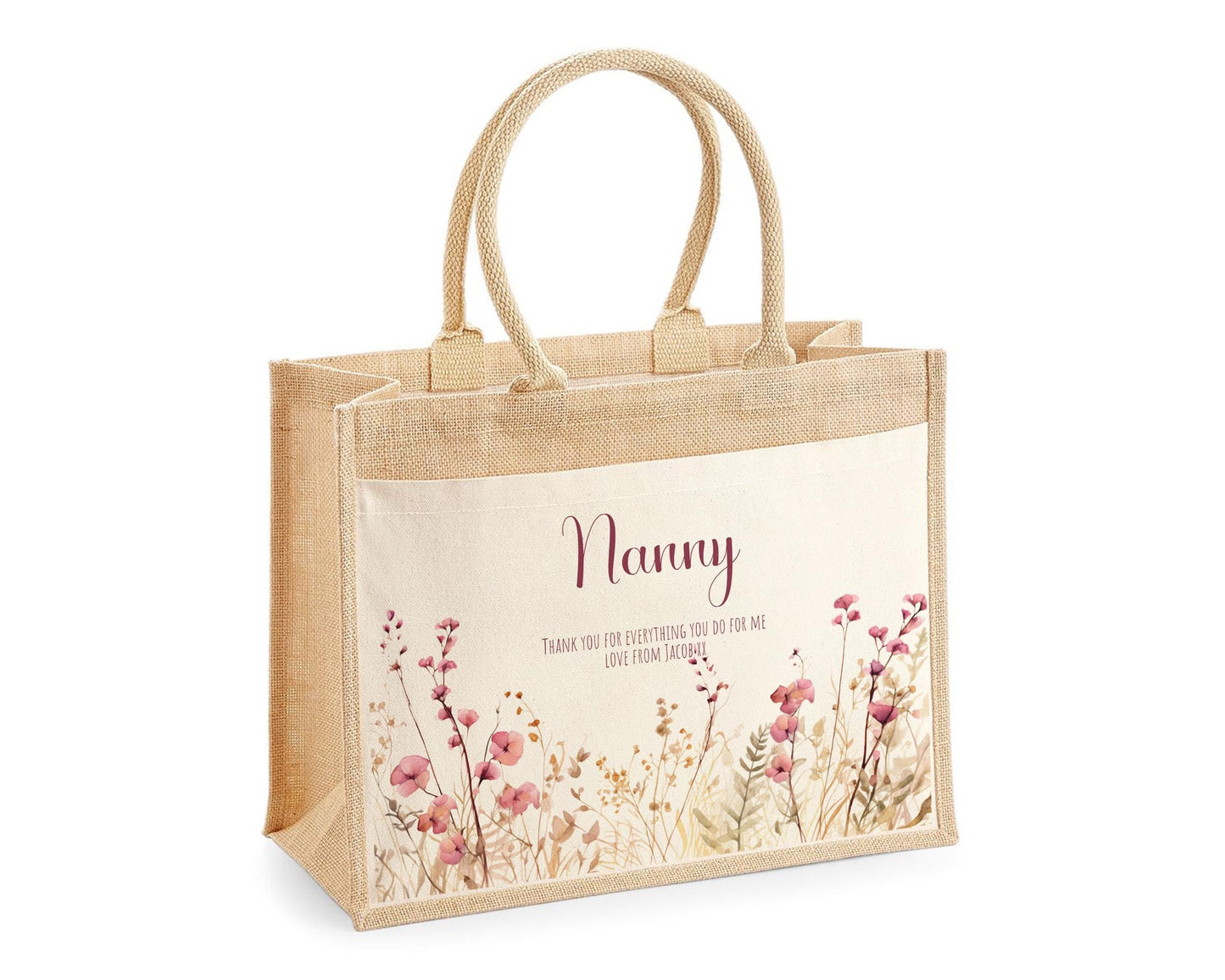 Nanny Gift Personalised Jute Bag - Pink Floral Tote Bag Gift for Grandma Nan - Custom Shopping Market Bag - Nanny Bag for Nan Birthday BT003