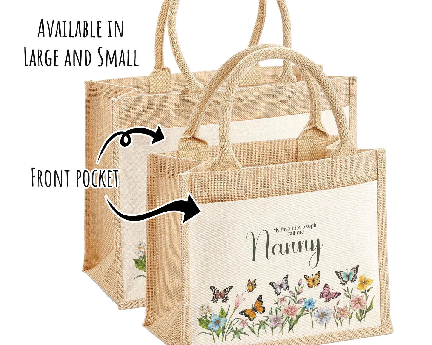 Nanny Gift Personalised Jute Bag - Butterfly Wild Flowers Tote Bag Gift for Grandma Nan - Custom Shopping Market Bag - Nans Birthday BT007