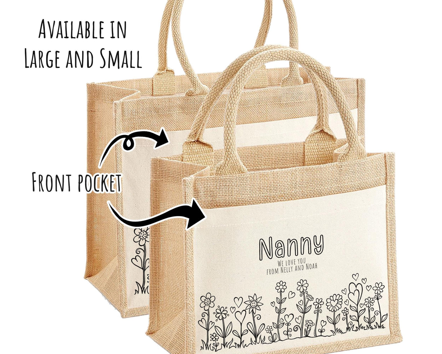 Nanny Gift Personalised Jute Bag - Floral Doodle Tote Bag Gift for Grandma Nan - Custom Shopping Market Bag for Nans Birthday Hearts BT008