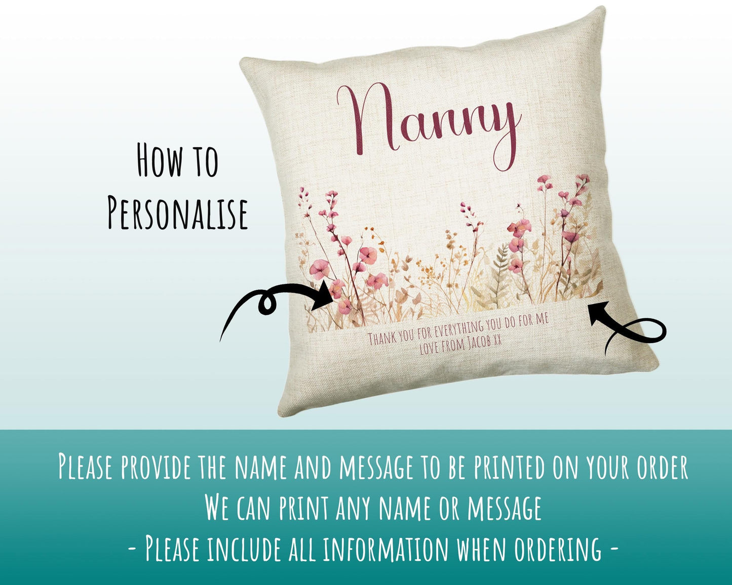 Nanny Gift Cushion - Personalised Scatter Cushion Pillow for Her Women - Pink Wild Flower Design Custom Name Gift for Nan Mothers Day BC003