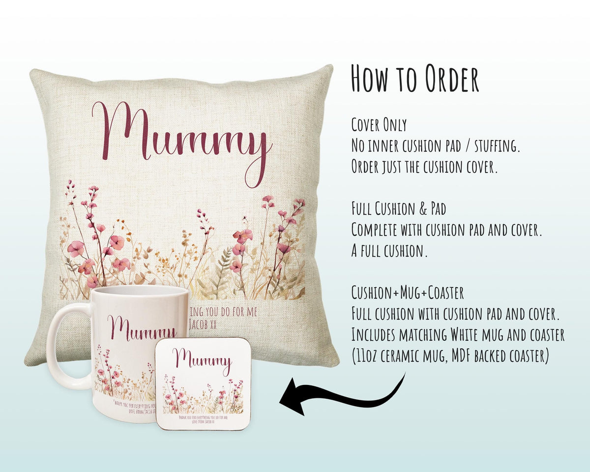 Mummy Gift Cushion - Personalised Scatter Cushion Pillow for Her Women - Pink Wild Flower Design Custom Name Gift for Mum Mothers Day BC003