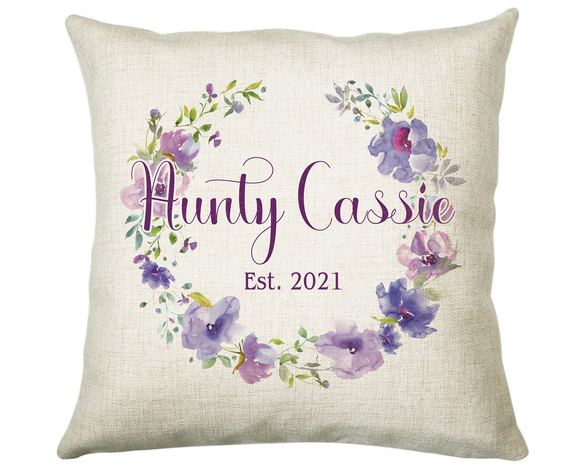 Aunty Gift Cushion - Personalised Scatter Cushion Pillow for Her Women - Purple Floral Wreath Custom Name Gift for Aunt Mothers Day BC006