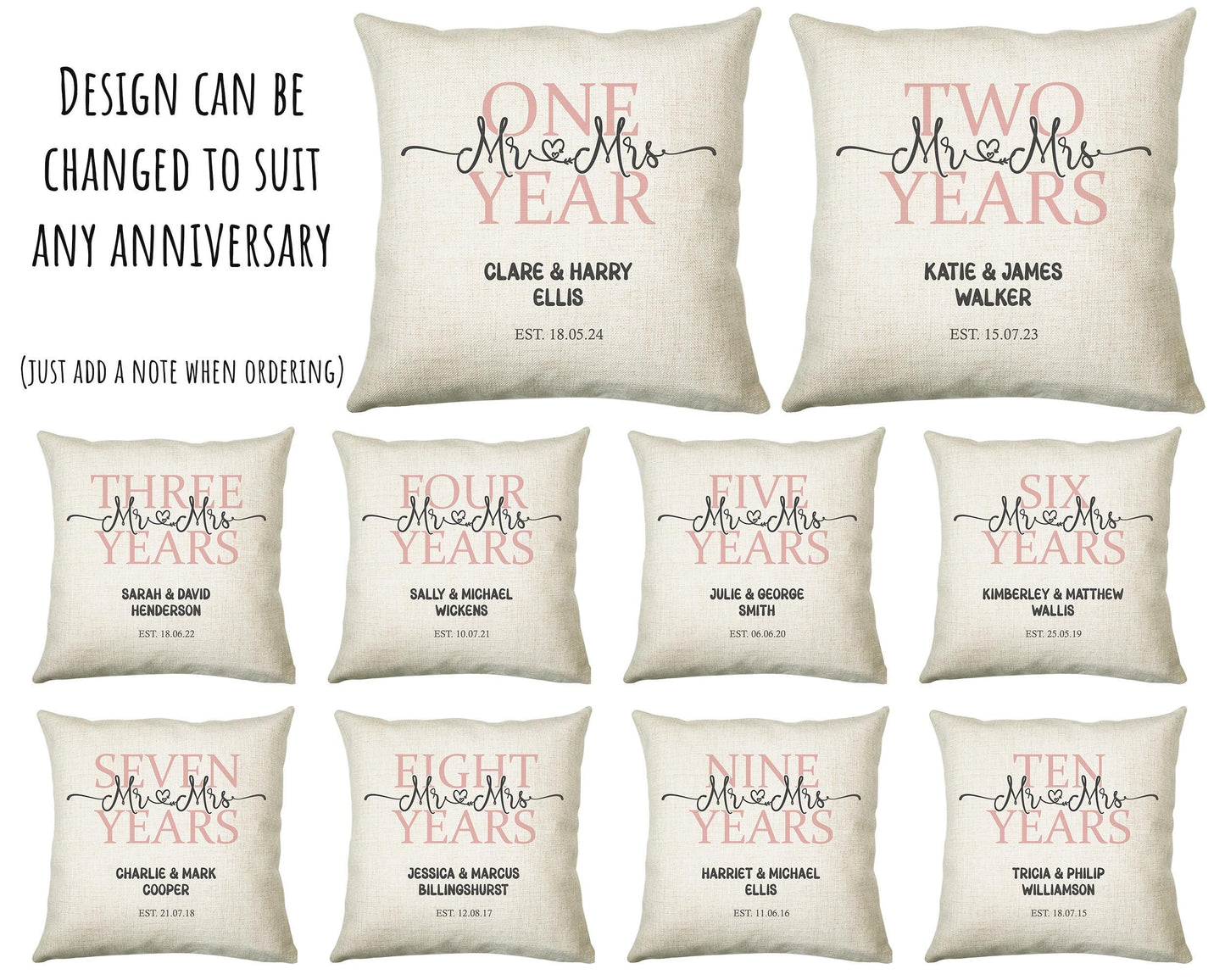 10th Wedding Anniversary Gift for Him for Her - Tenth Cotton Anniversary Gift Cushion Personalised with Names Date Mr and Mrs Married BNJ10C