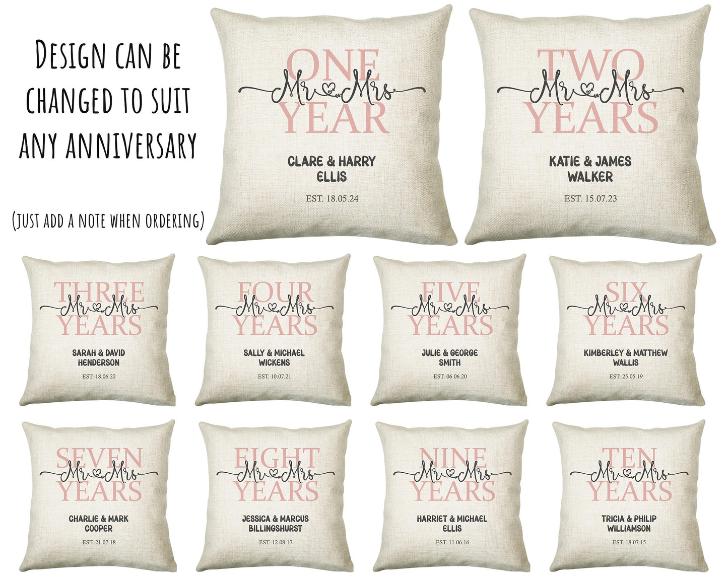 9th Wedding Anniversary Gift for Him for Her - Ninth Cotton Anniversary Gift Cushion Personalised with Names Date Mr and Mrs Married BNJ09C