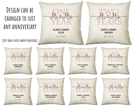 9th Wedding Anniversary Gift for Him for Her - Ninth Cotton Anniversary Gift Cushion Personalised with Names Date Mr and Mrs Married BNJ09C